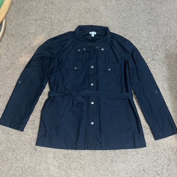 Garnet Hill Twill Cargo Jacket Belted Roll-Tab Sleeves Carbon Blue XS - Picture 2 of 8